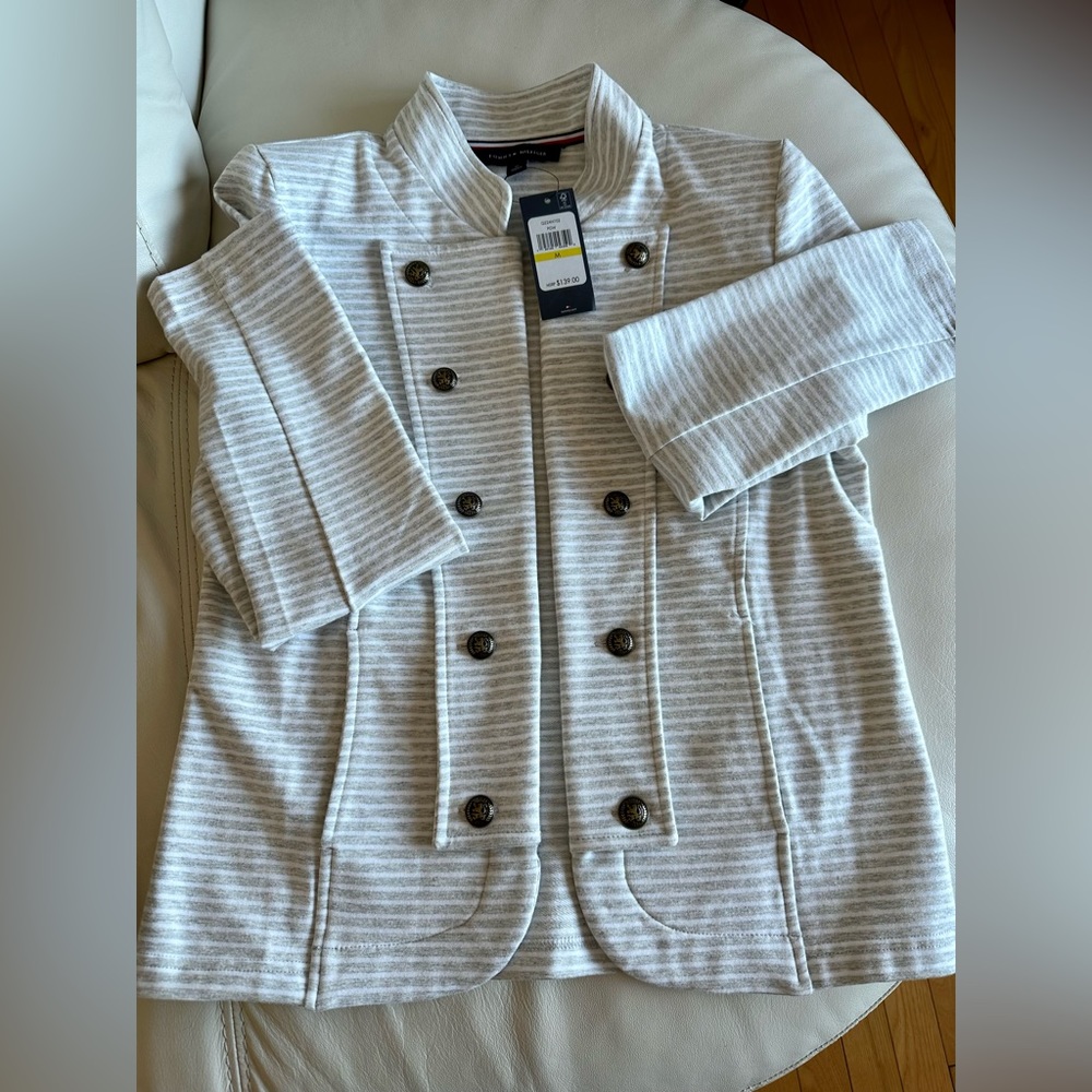 TOMMY HILFIGER Women's Striped Open Front Jacket Military Gray White Medium